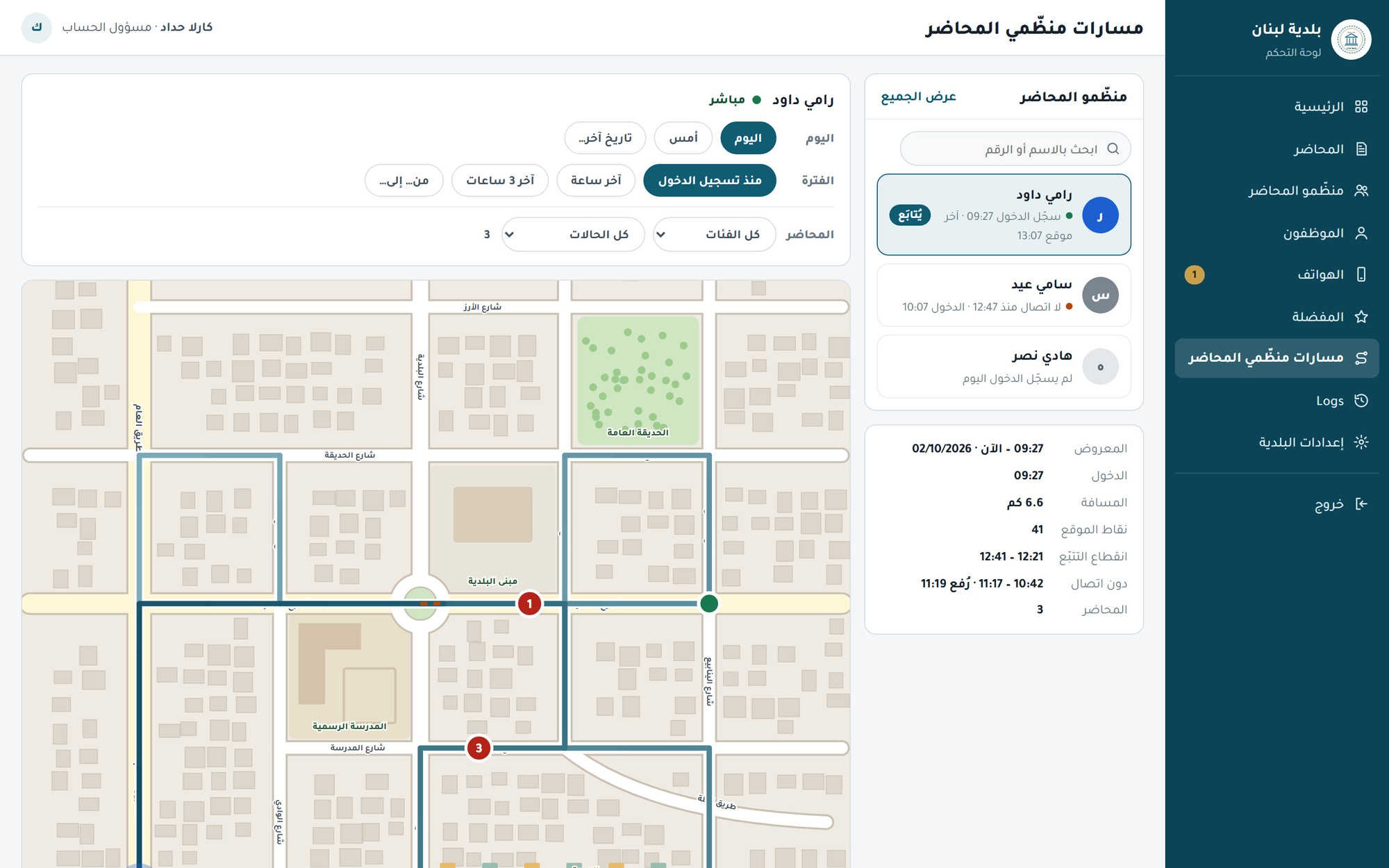 Baladiya360 dashboard map of the officers’ routes during a shift (demo data)