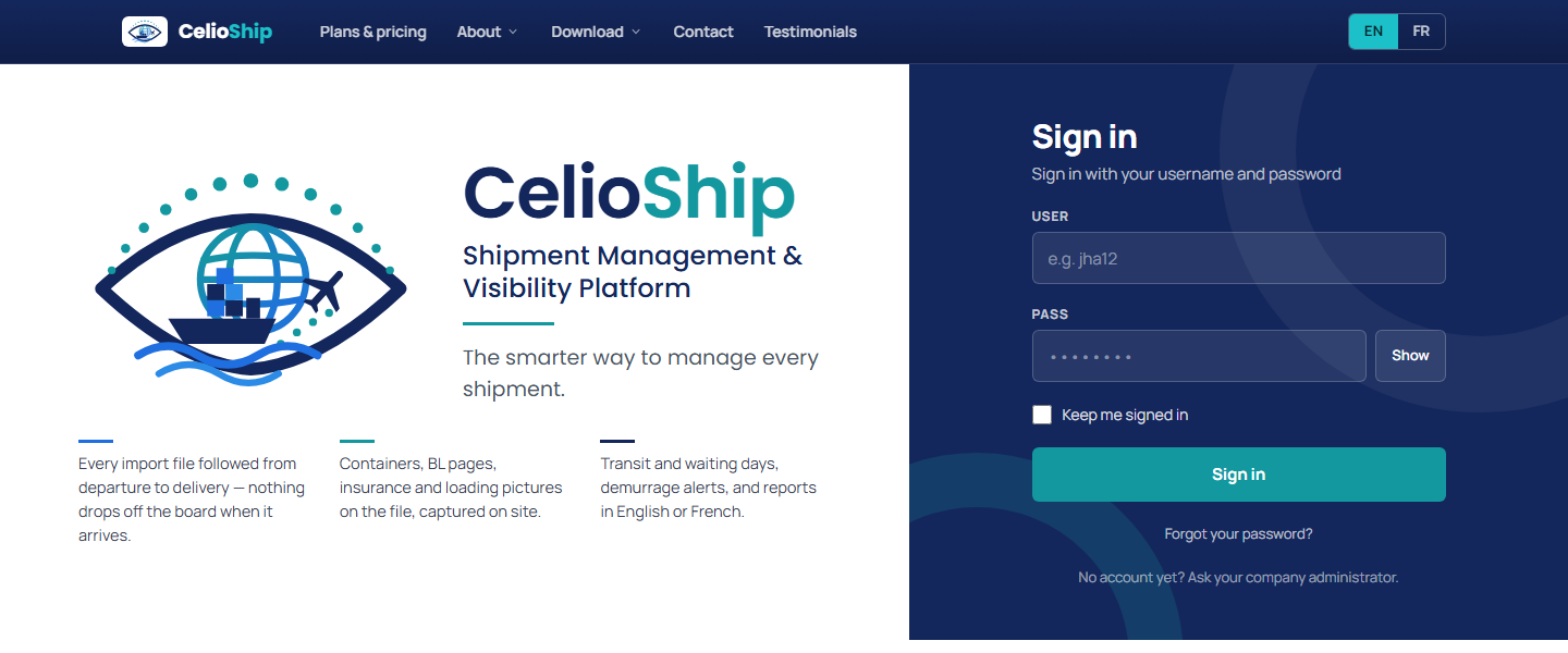 CelioShip home page: “Shipment Management & Visibility Platform” with the sign-in panel
