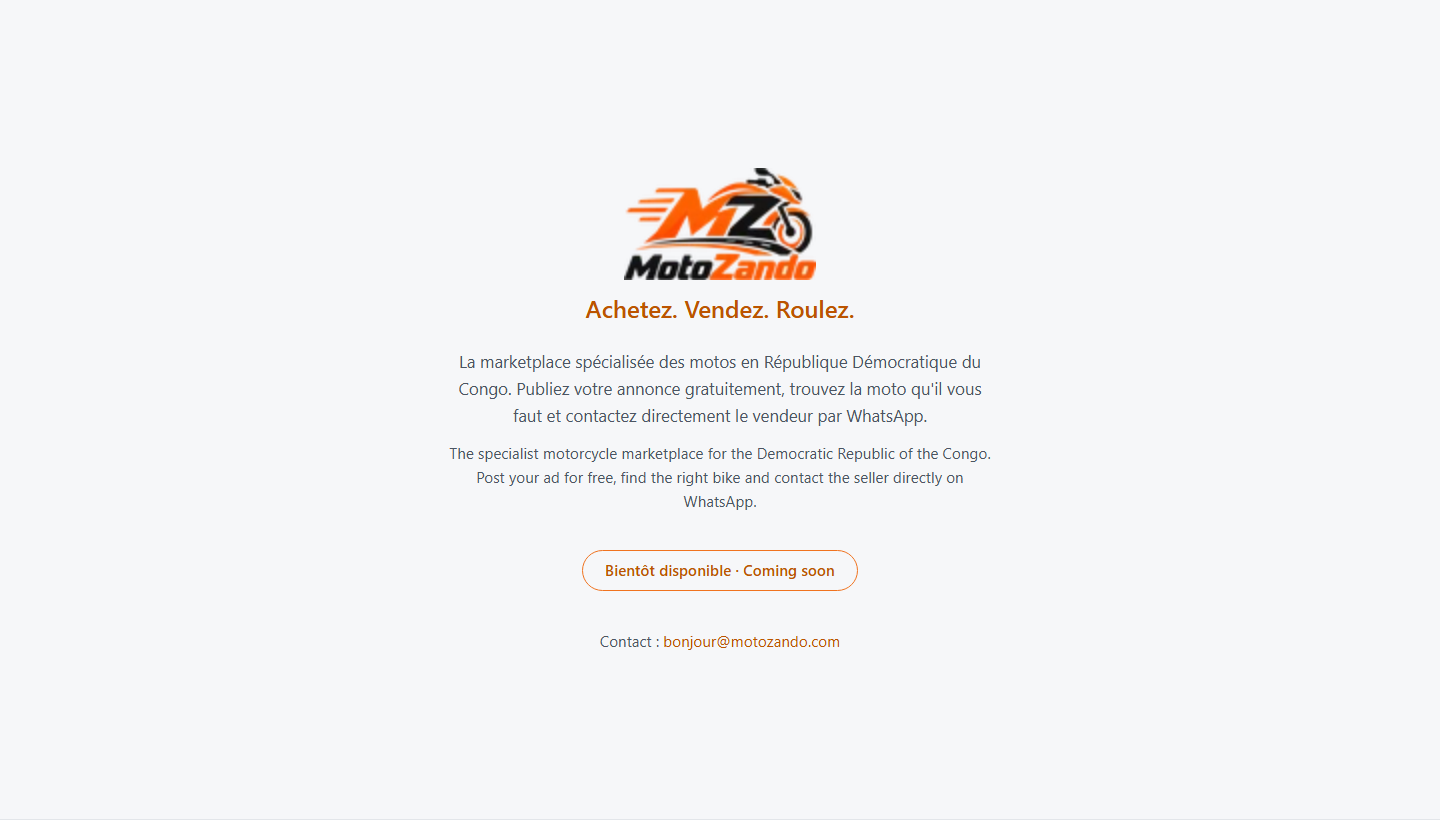 MotoZando coming-soon page: “Achetez. Vendez. Roulez.” with the description in French and English